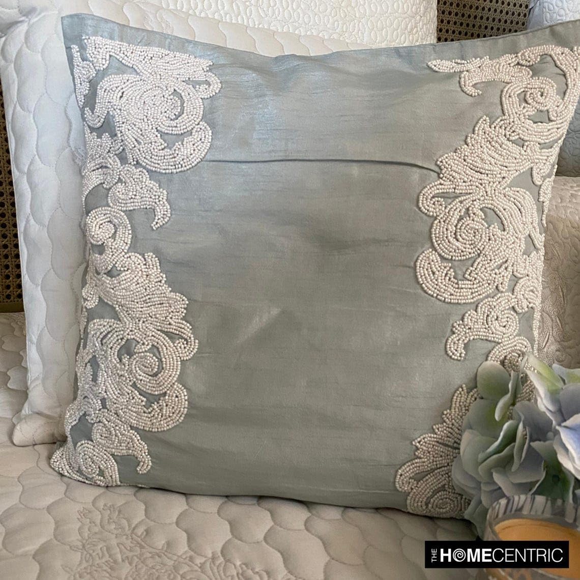 HomeCentric French Toile Pillow Shams Pack of 2 - 24x24 inch (60x60 cm) Square Silk Shams - Baroque Beaded Theme - Light Blue - Victorian - White Waters