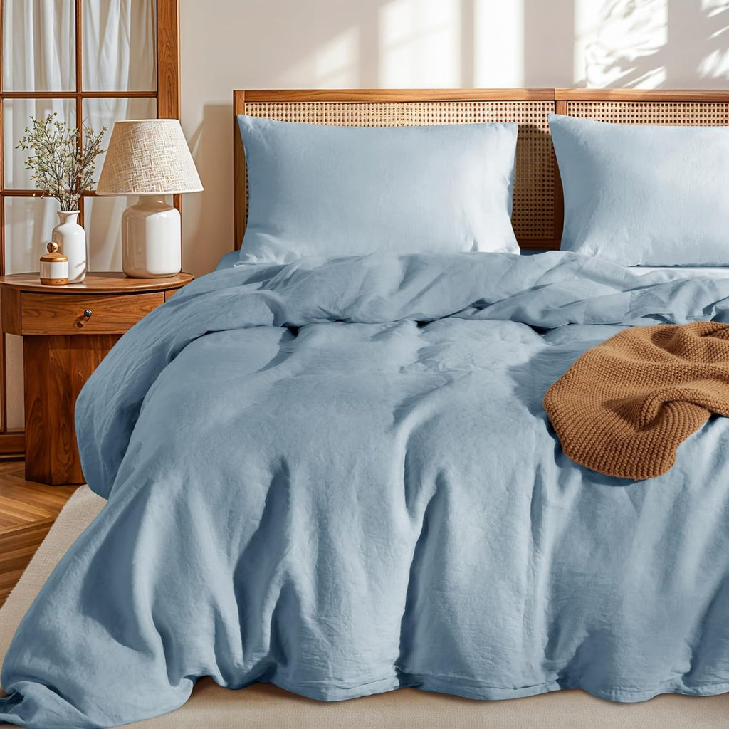 LBRO2M 100% France Linen Duvet Cover Set 3 Pcs Natural Flax Duvet Cover Set 2 Pillowcase 1 Duvet Cover with Zipper (Dusty Blue California King)