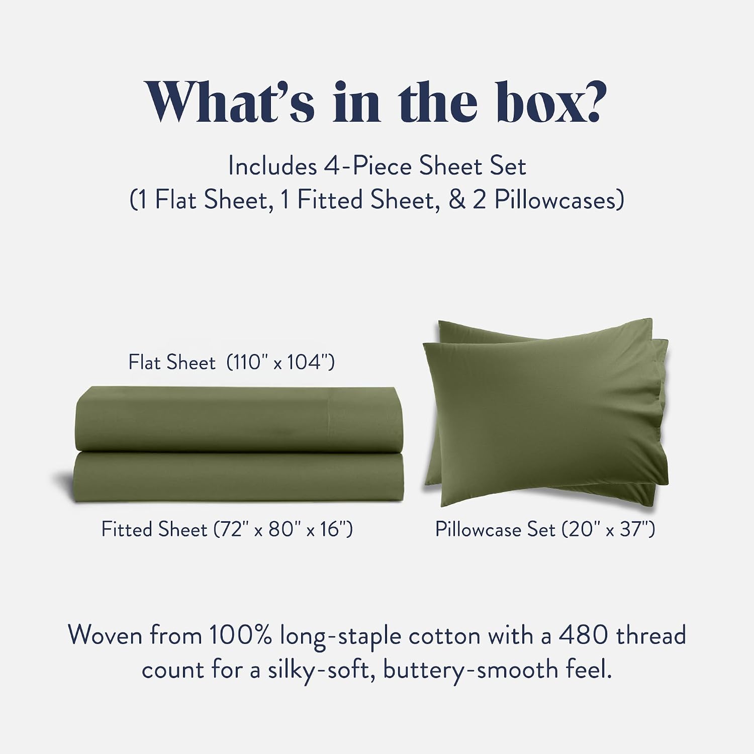 Brooklinen Luxury Sateen 4 Piece Sheet Set - 100% Cotton Bed Sheets, Soft & Durable Cali King Size Sheet Set in Fresh Moss, Oeko-TEX Certified Bedding Set, 1 Fitted Sheet, 1 Flat Sheet, 2 Pillowcases