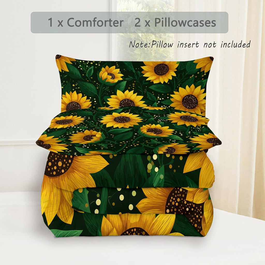 Comforter Set King with 2 Pillowcase, Hand Drawn Sunflower Petals 3 Pcs Quilted Bedding for Kids and Adults, Soft Fluffy Breathable Microfiber Dark Green Comforter for Bedroom Decor