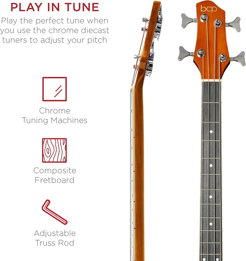 Best Choice Products Acoustic Electric Bass Guitar, Full Size 4 String, Fretted Bass Guitar w/Padded Gig Bag - Aged Natural