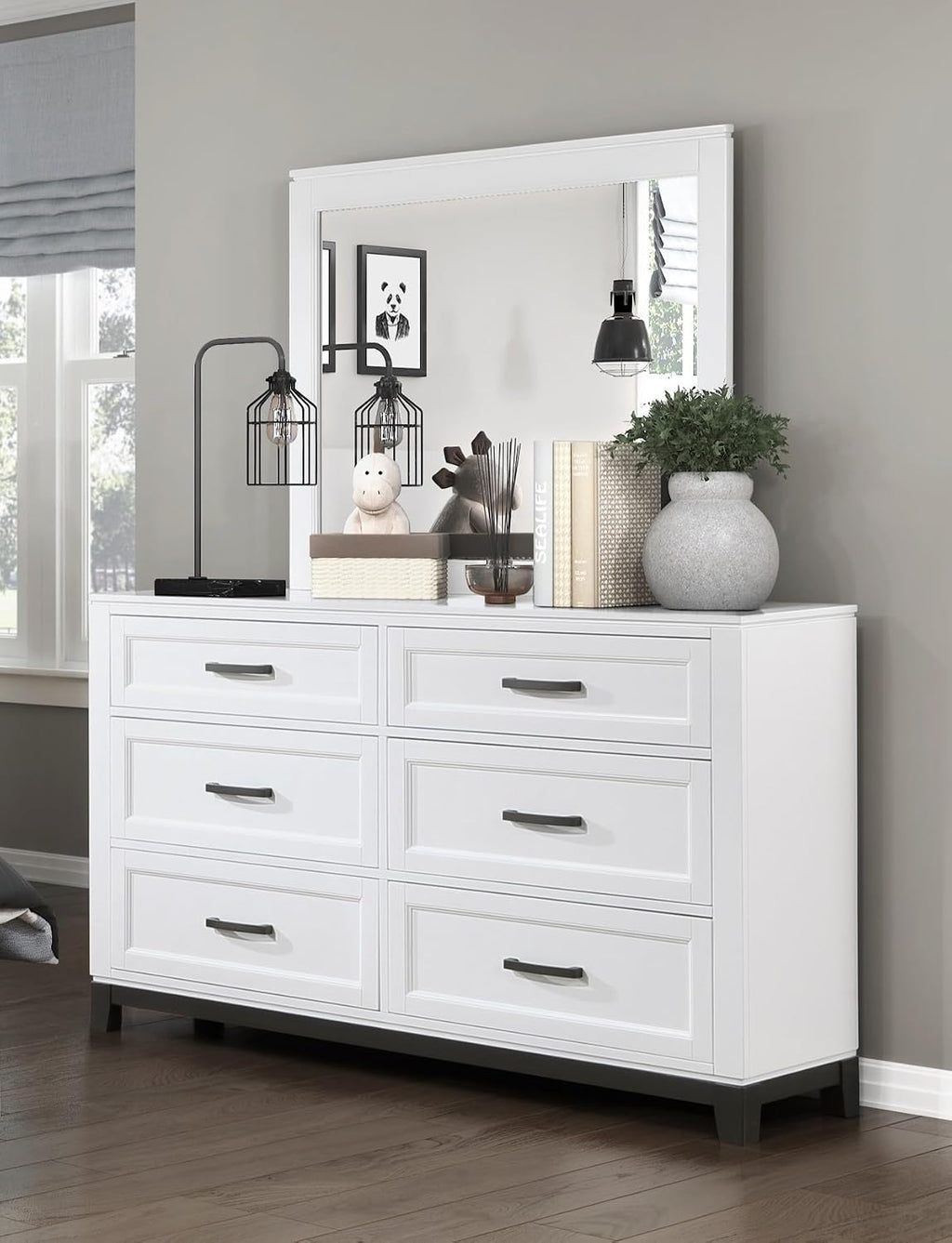 3-Pc Set Bedroom King Size White Platform Bed w Footboard Drawers Wooden Rustic Style Furniture