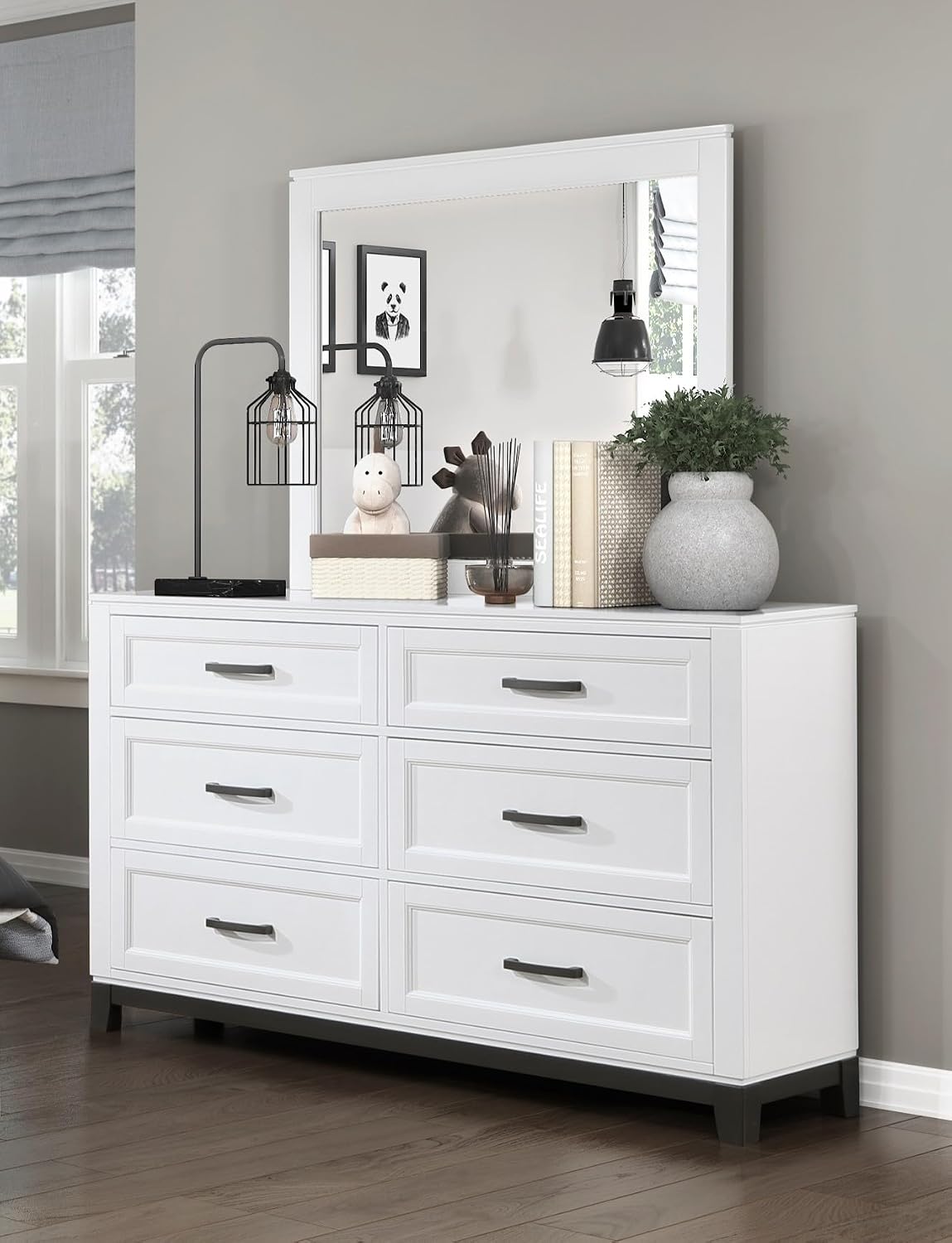 3-Pc Set Bedroom King Size White Platform Bed w Footboard Drawers Wooden Rustic Style Furniture
