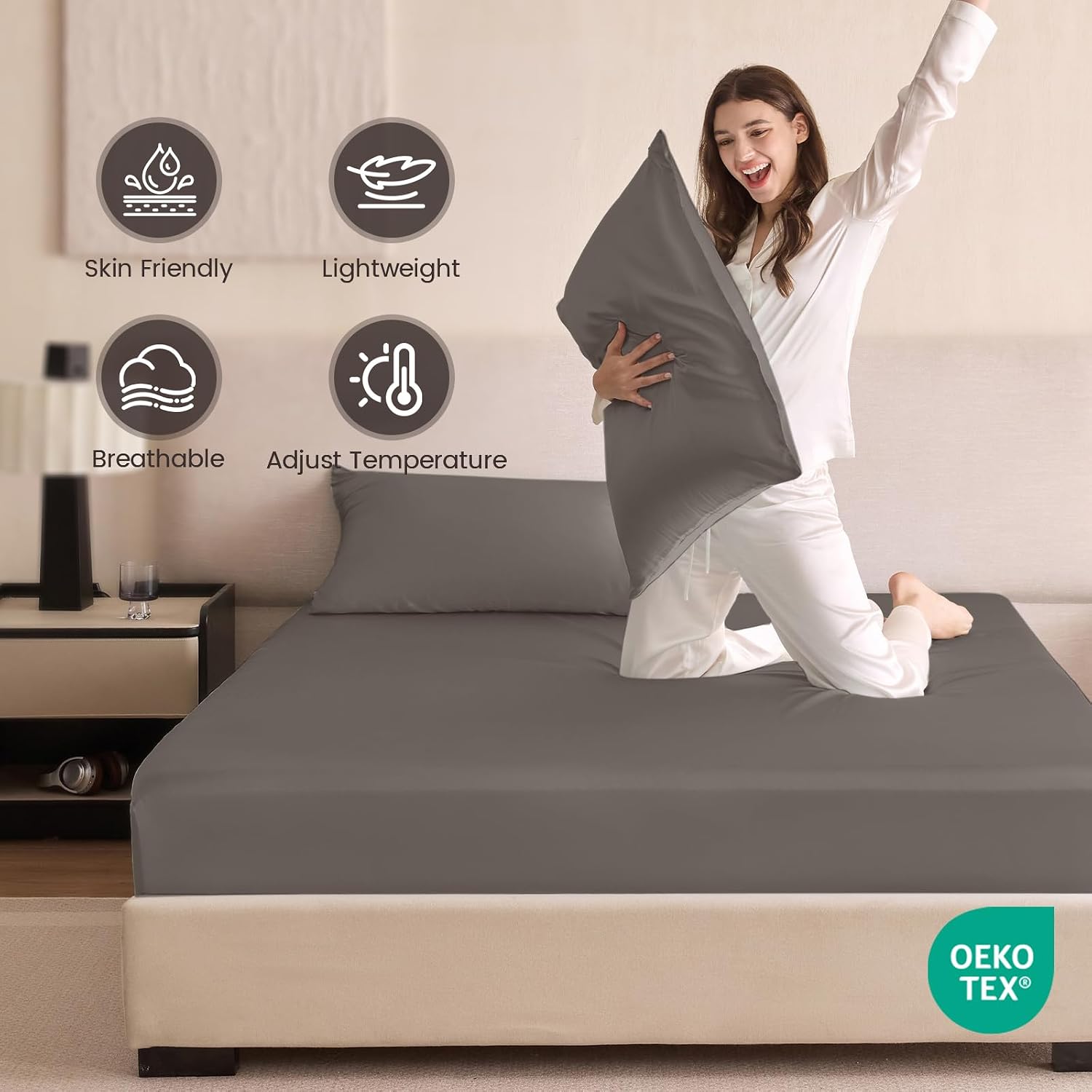 THXSILK 6A+ Top Grade 100% Pure Mulberry Silk King Fitted Sheet 3Pcs Set Bed Sheets Luxury Bedding for Hair and Skin Breathable Natural Materials, 1 Fitted Sheet with 2 Pillowcases, Charcoal
