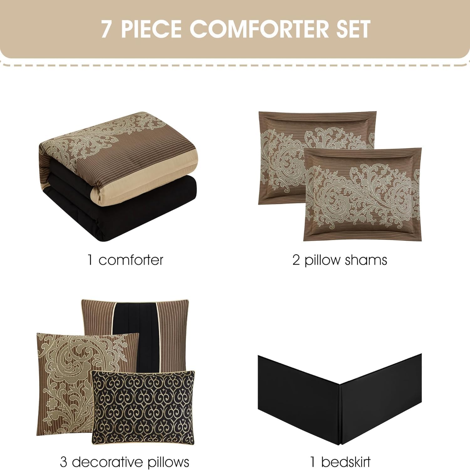 Stratford Park Black/Gold Cal King Comforter Set, 7 Piece, Bedding Sets & Collections, Pillow Shams Bedskirt, Jacquard Comforters, All Season