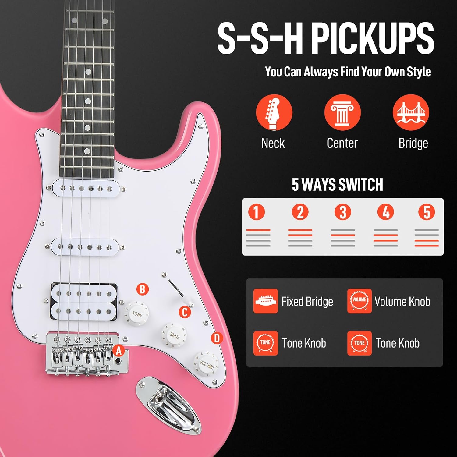 Ktaxon 39 Inch Electric Guitar Kit for Beginner, HSS Pickups 6 String Solid-Body Full Size Adults Electric Guitars W/Amplifier, Bag, Strap, Cable, Accessories - Rose Pink