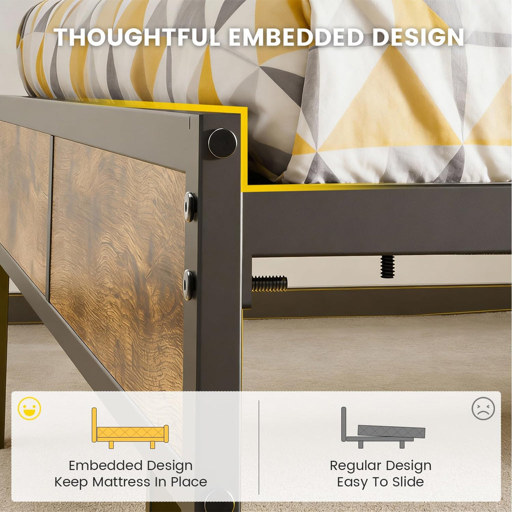 PROTEA Full Size Bed Frame with LED Lights and Built-in Charging Station, Upholstered Headboard with Storage Shelf, Sturdy Metal Platform, Noise Free, No Box Spring Needed