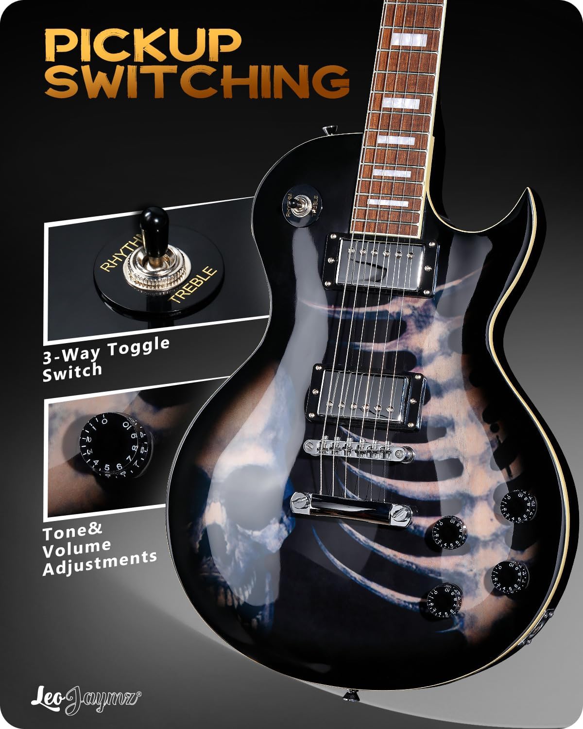Leo Jaymz SC Series Electric Guitar – Mahogany Body, Laurel Fingerboard, Dual Humbuckers, Tune-O-Matic Bridge, C Neck, 18:1 Tuners (Skull)