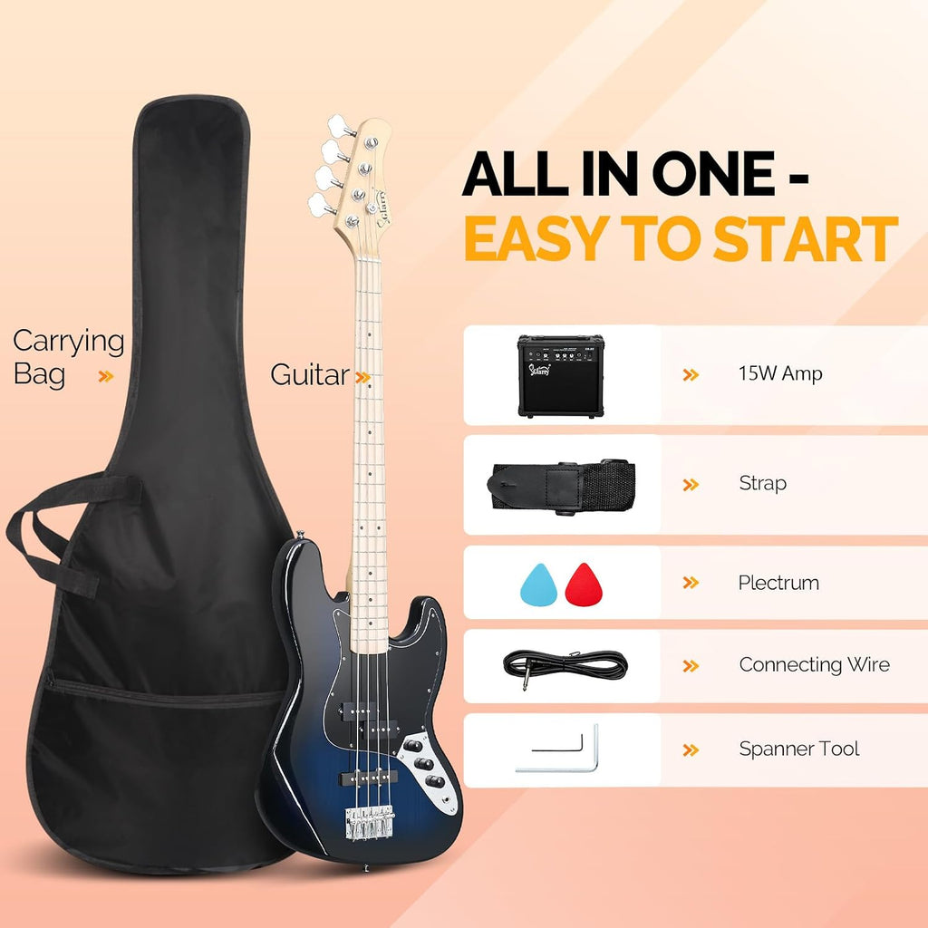 GLARRY Bass Guitar Full Size 4 String Exquisite Stylish Bass with Guitar Bag Power Line and Wrench Tool (Dark Blue, With AMP)