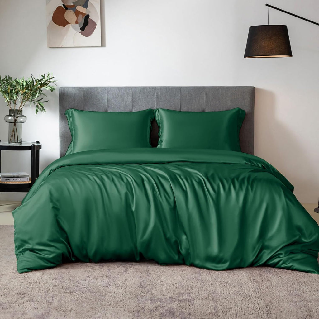 THXSILK 100% Silk Sheet Set, 7A+ Silk Sheet Set Soft Breathable, Luxury Bedding (1 Duvet Cover, 1 Fitted Sheet, 2 Pillow Shams), King, Emerald Green