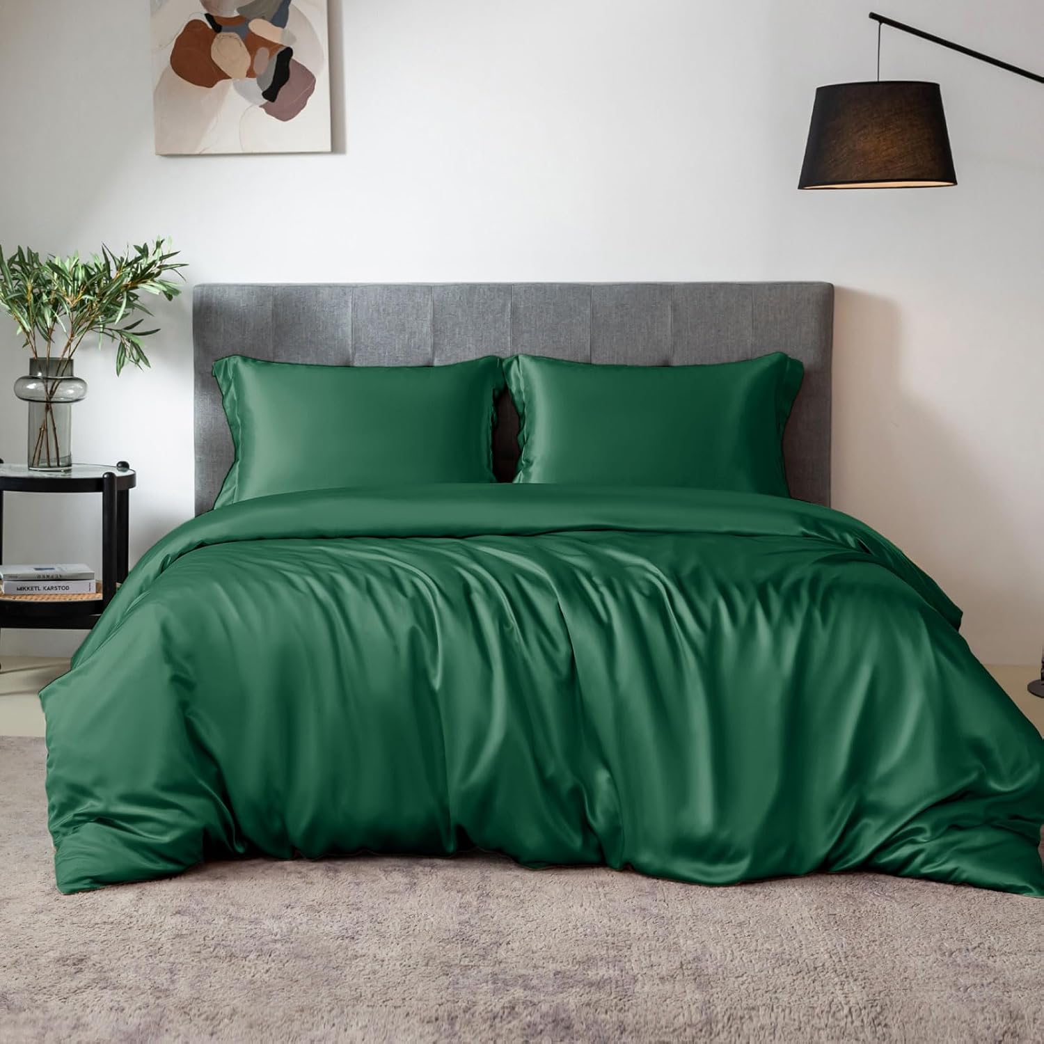 THXSILK 100% Silk Sheet Set, 7A+ Silk Sheet Set Soft Breathable, Luxury Bedding (1 Duvet Cover, 1 Fitted Sheet, 2 Pillow Shams), King, Emerald Green