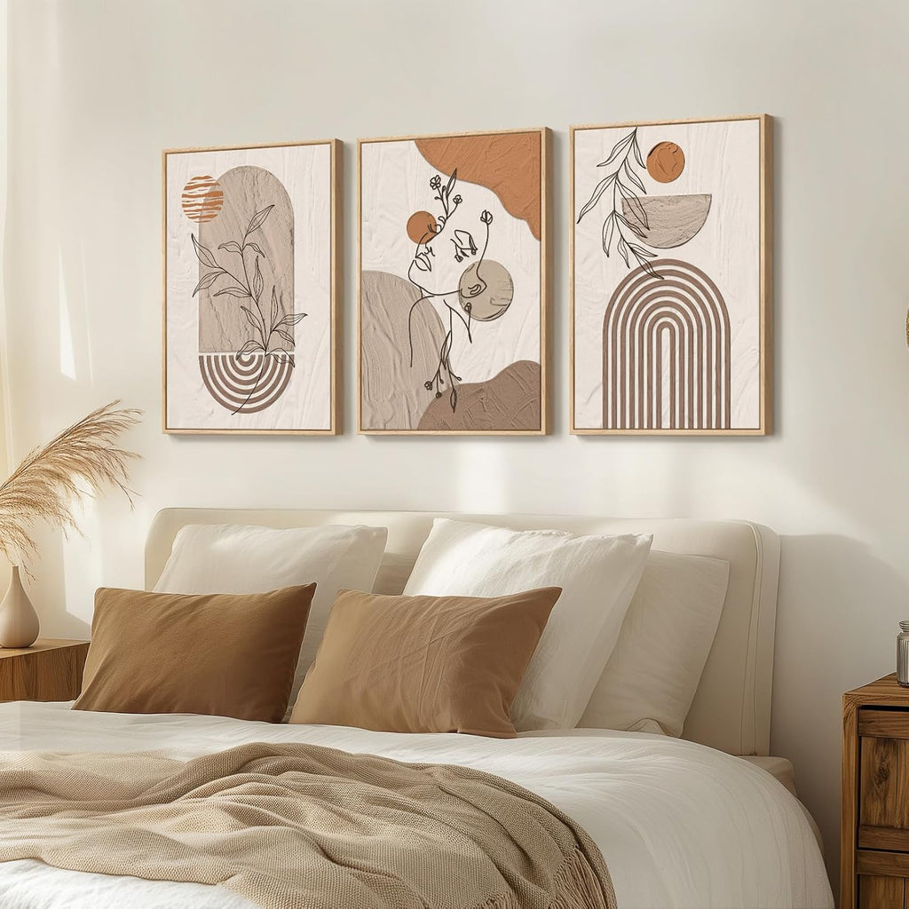 Large Framed Earth Tone Boho Abstract Wall Art for Living Room, 3 Piece Neutral Modern Paintings Prints Canvas Artwork for Walls, Bohemian Pictures Wall Decor for Bedroom Home Office, 20x30 Inch