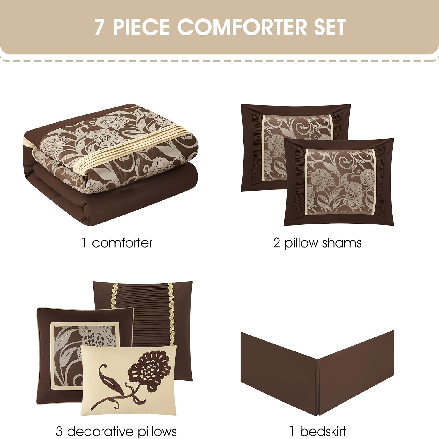 Grand Avenue Brown Gold Comforter Set King Size, 7 Piece Jacquard Floral Bedding Set, All Season, Ultra-Soft, Matching Pillows & Shams, Bed Skirt