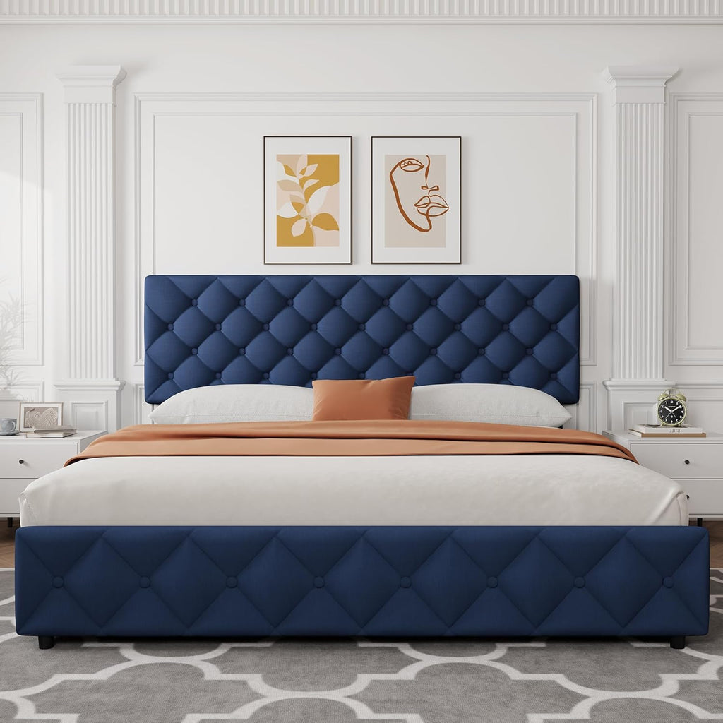 King Size Bed Frame with 4 Storage Drawers, Linen Upholstered Platform Bed Frame with Headboard and Footboard, Wooden Slats Support, Diamond Stitched Button Tufted, No Box Spring Needed, Blue