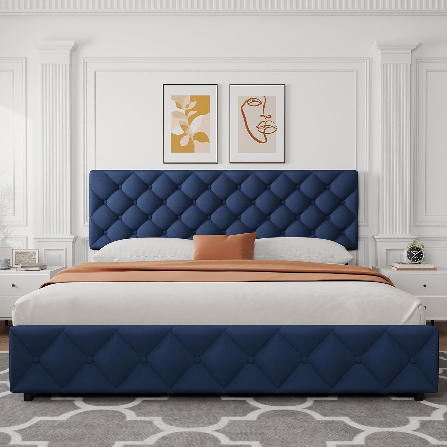 King Size Bed Frame with 4 Storage Drawers, Linen Upholstered Platform Bed Frame with Headboard and Footboard, Wooden Slats Support, Diamond Stitched Button Tufted, No Box Spring Needed, Blue