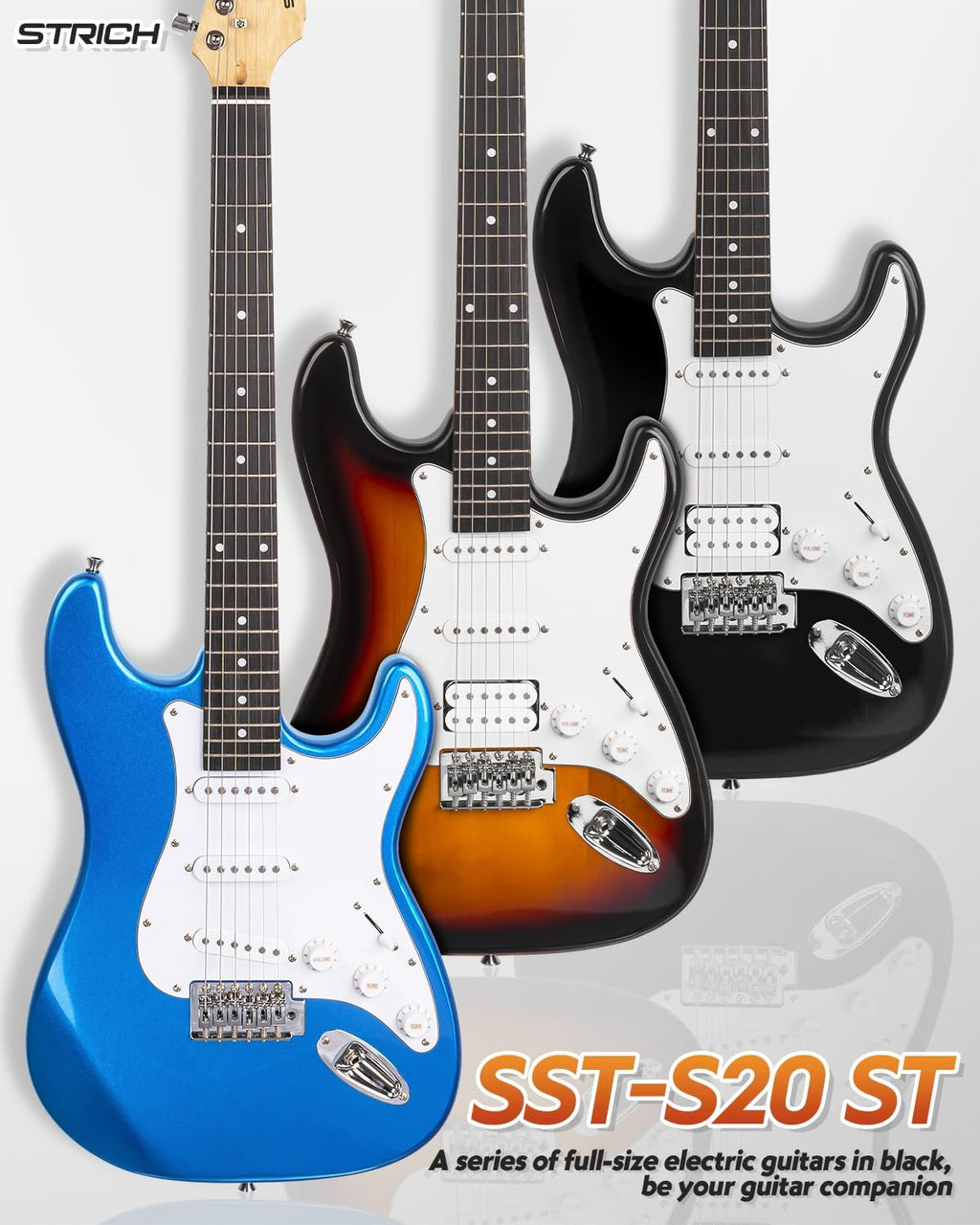 STRICH Electric Guitar Beginner Kit, Solid Body 39' Full Size Electric Guitar HSS Pick Up for Starter, with 10W Amp, Bag, Digital Tuner, Capo, Strap, String,Cable, Picks, SST-S20 Sunburst