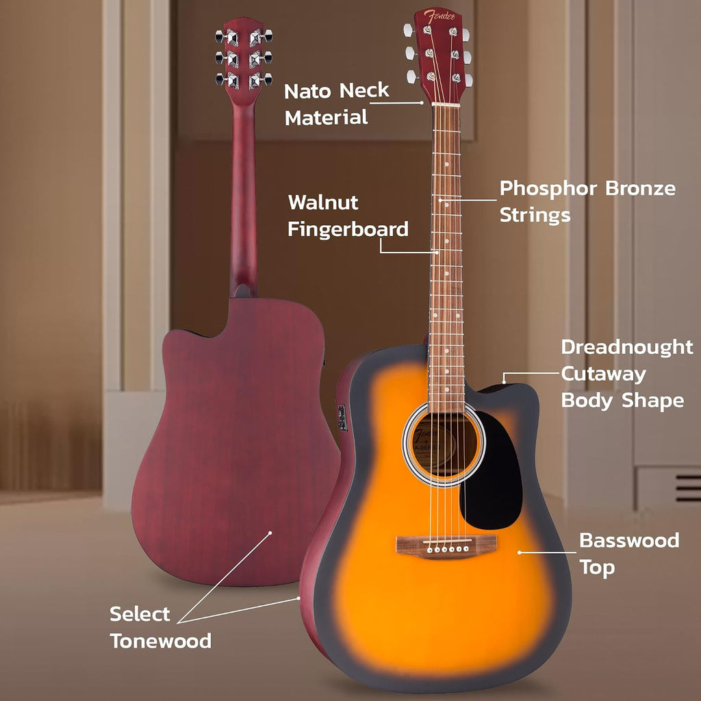 Fender FA Series Dreadnought Acoustic-Electric Guitar - 2-Color Sunburst Bundle with Gig Bag, Strings, Picks, and Austin Bazaar Instructional DVD