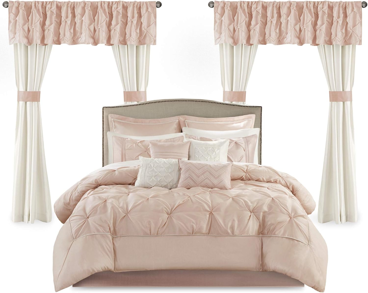 Madison Park Essentials Room in a Bag Faux Silk Comforter Set-Luxe Diamond Tufting All Season Bedding, Matching Curtains, Decorative Pillows, Cal King(104'x92'), Blush 24 Piece (MPE10-811)