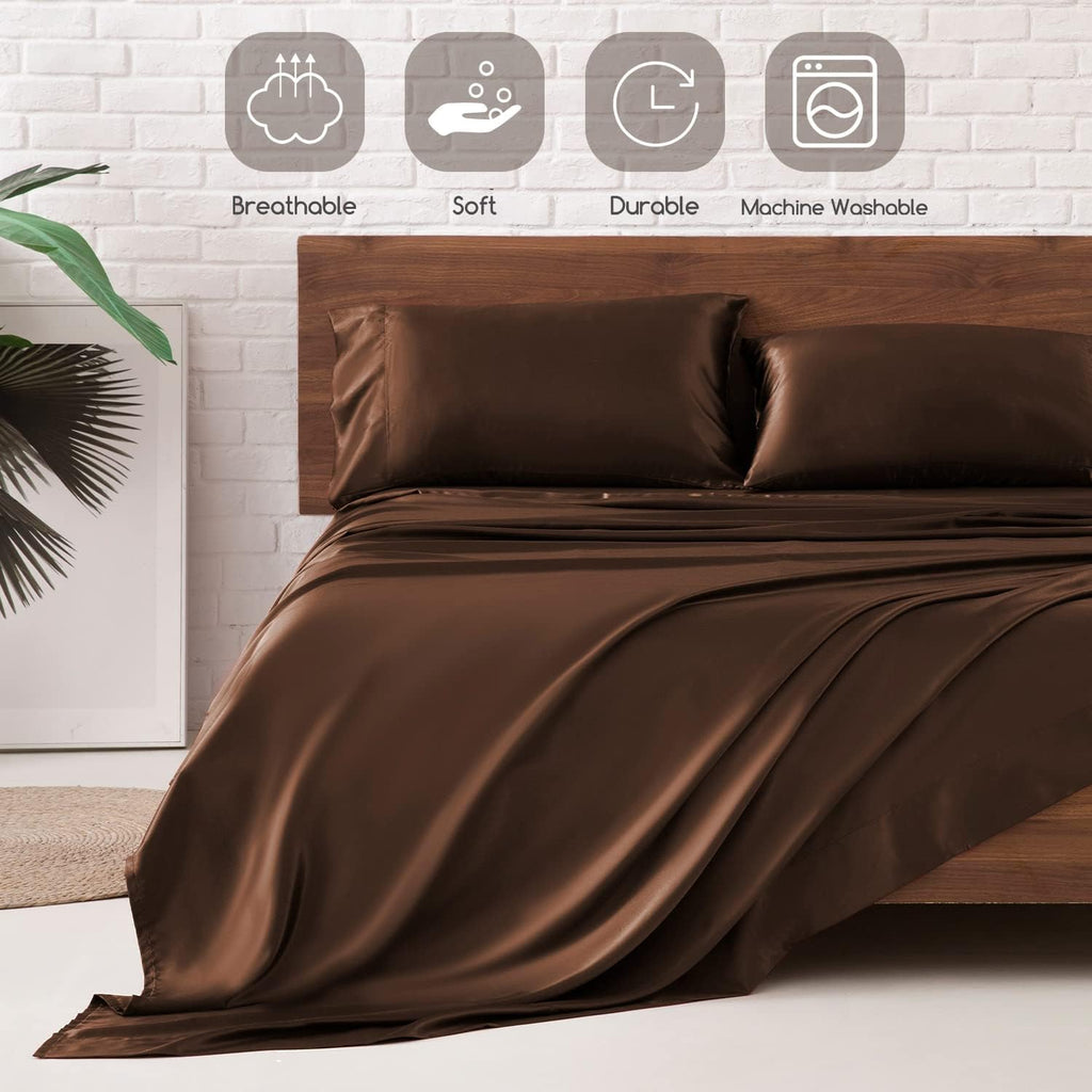 Twin XL Size 4-Piece Sheet Set Premium 30 Momme Mulberry Silk Bed Sheets Set Fits 23-26' Deep Pocket (Solid, Chocolate)
