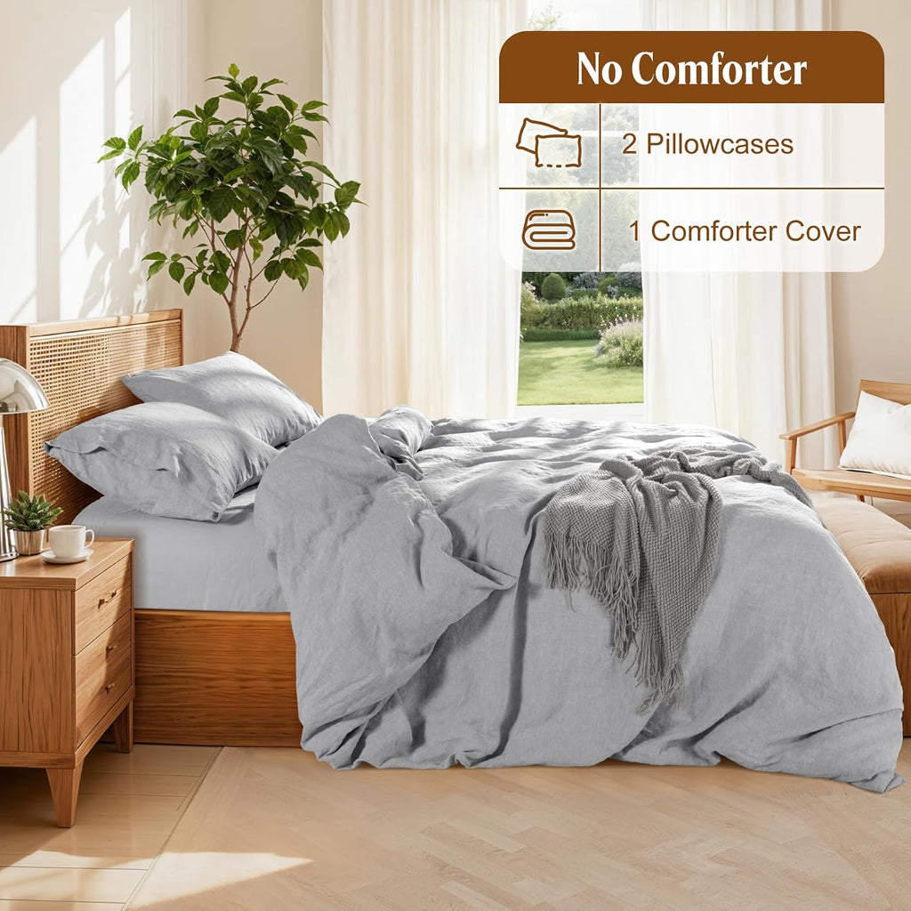 LBRO2M 100% France Linen Duvet Cover Set 3 Pcs Flax Comforter Cover with Zipper Closure 2 Pillowcase 1 Breathable Duvet Cover California King Size Gray