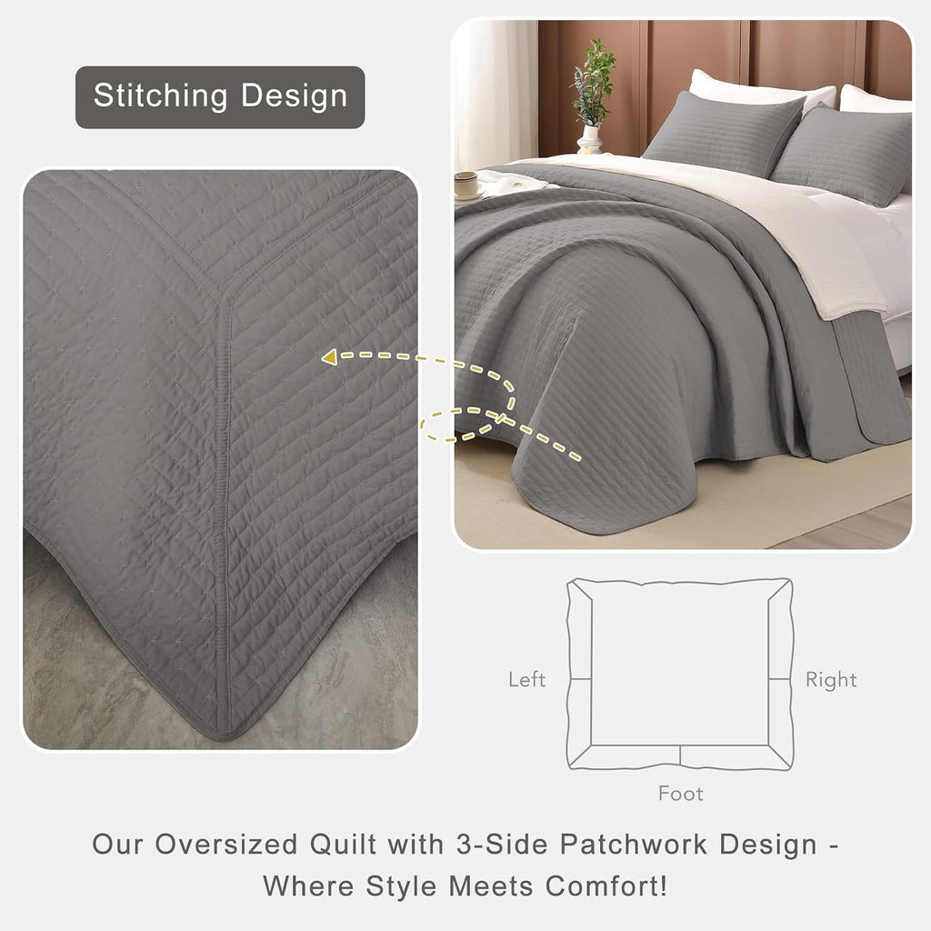 Lady Ann Gray Oversized King Bedspread 128x120, 3Pcs Extra Large Farmhouse Lightweight King Quilt Bedding Set Soft Quilted Bedspreads Thin Comforter for All Season