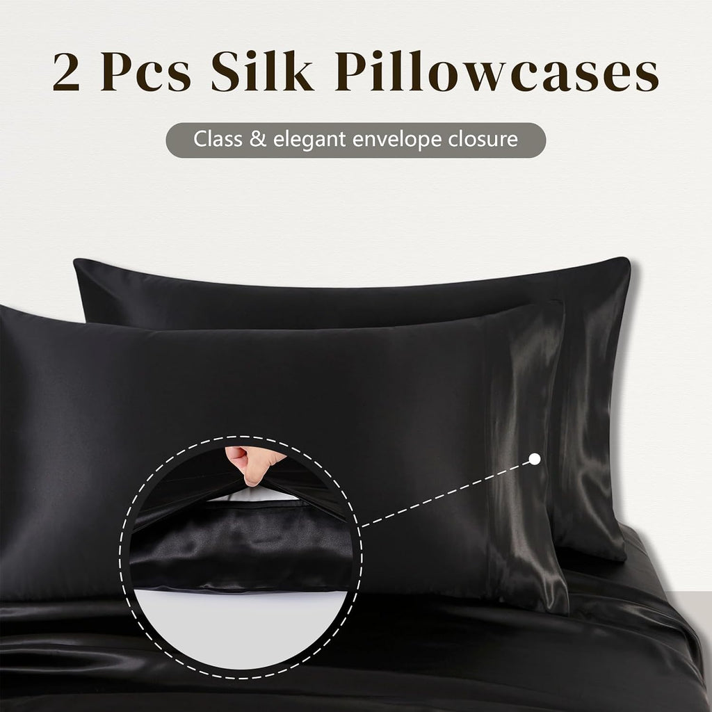 ZIMASILK 100% 19 Momme Pure Mulberry Silk Bedding 4-Pieces Set for Sleeping, Soft, Breathable & Hypoallergenic,for Hair & Skin Care (King Black)