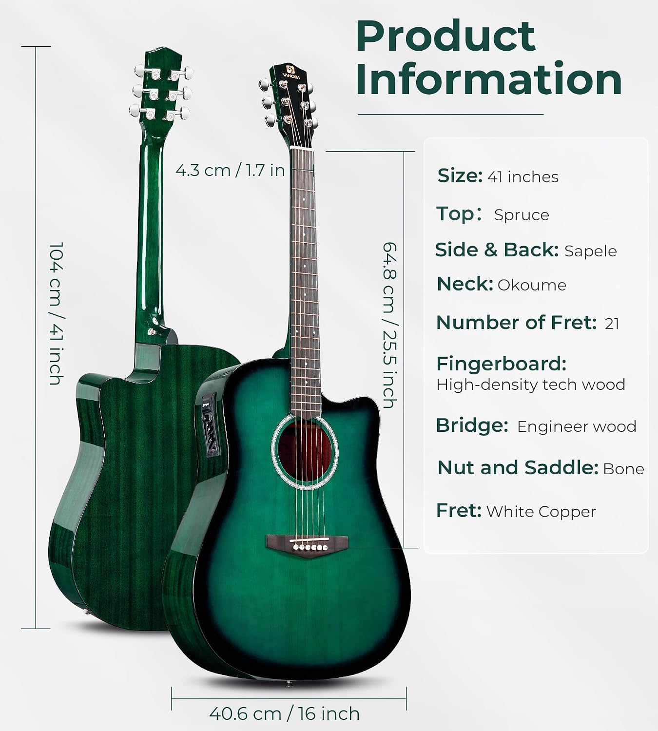 Vangoa Acoustic Electric Guitar Bundle for Beginner Teen Adult Full Size Cutaway Acoustic Guitar Starter Kit Set with Built-in Pickups Bag Tuner Strap Capo Picks Cable, Glossy Green