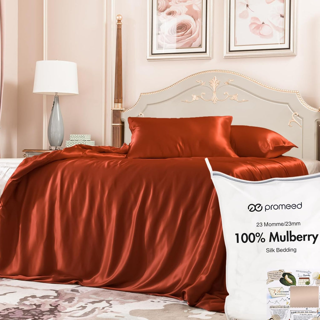 PROMEED 100% Mulberry Silk Duvet Cover Set 3PCS Full Size, Real 23 Momme Grade 6A Silk Bedding Set with Duvet Cover and Pillowcases (Dusk, Full)
