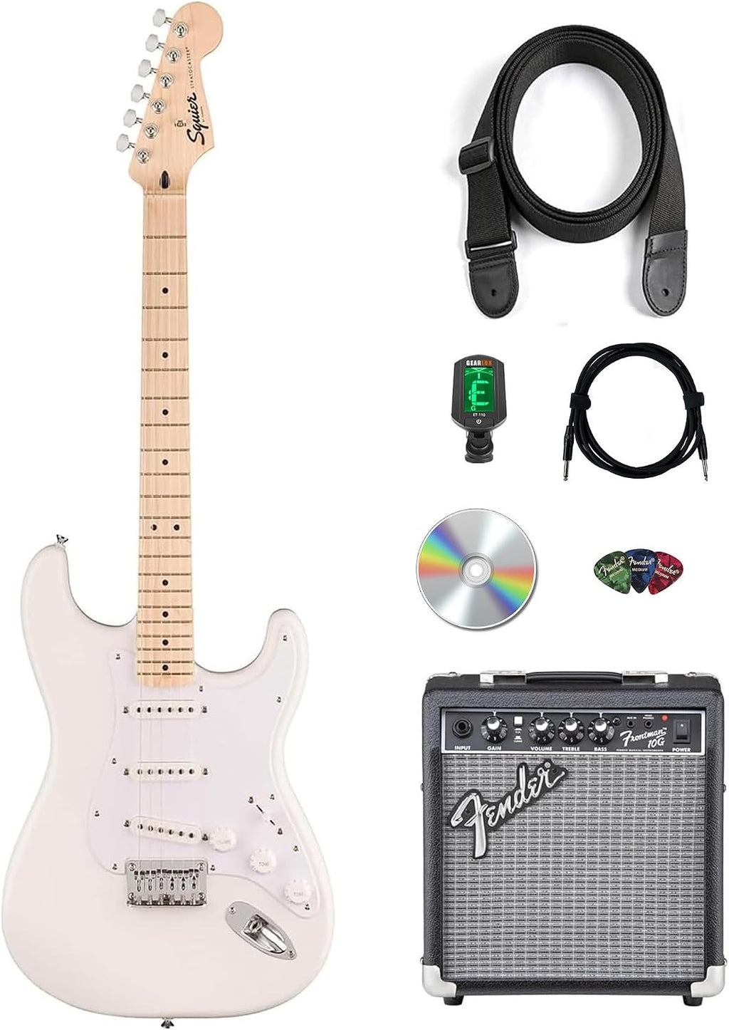 Fender Squier Sonic Stratocaster HT - Arctic White Bundle with Frontman 10G Amp, Instrument Cable, Tuner, Strap, Picks, and Austin Bazaar Instructional DVD