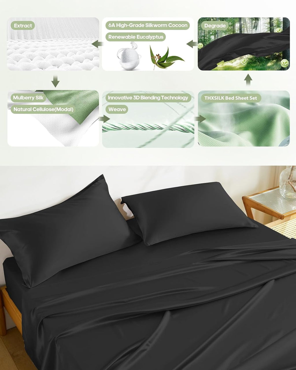 THXSILK Silk Sheet Set 5 Pcs, Split King Size Sheet Set, Soft Breathable Cooling Bed Sheets with 2 Flat Sheets, 1 Fitted Sheet, 2 Pillowcases with Zipper Closure, Black