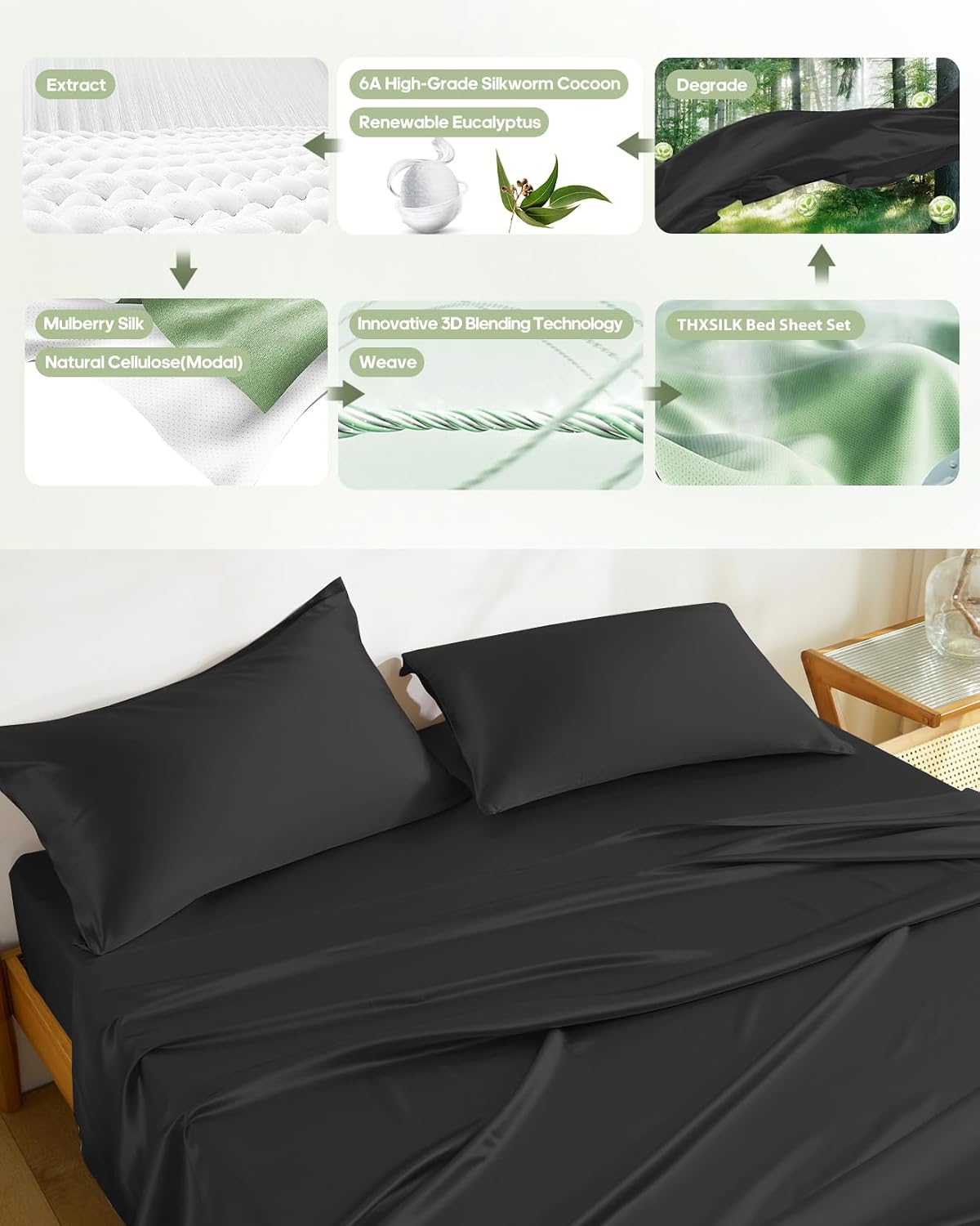 THXSILK Silk Sheet Set 5 Pcs, Split King Size Sheet Set, Soft Breathable Cooling Bed Sheets with 2 Flat Sheets, 1 Fitted Sheet, 2 Pillowcases with Zipper Closure, Black