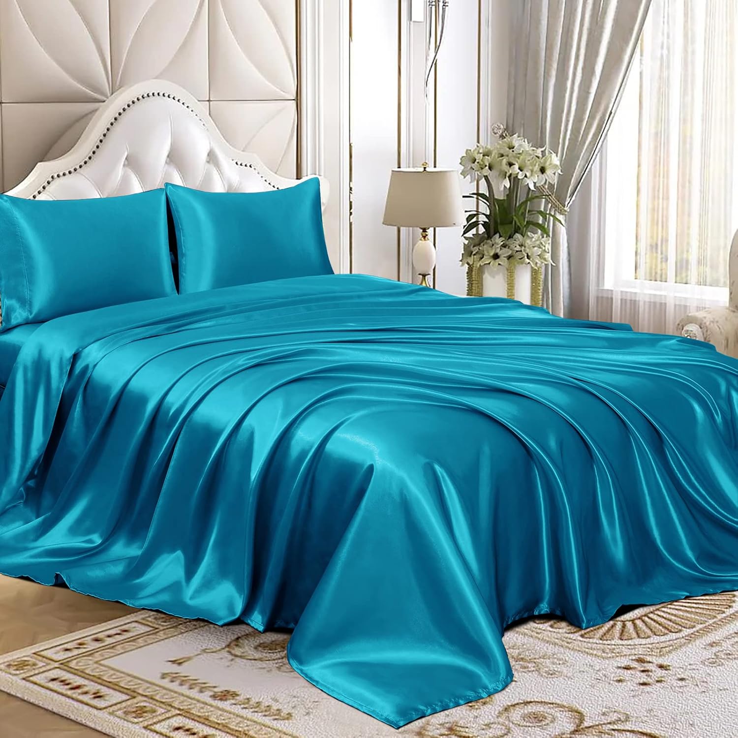 16 Momme 100% Mulberry Silk Bedding Set Twin Size 4-Piece Luxury (2 Pillowcases, 1 Fitted Sheet, 1 Flat Sheet) - 6A Grade Natural Silk Fits 22-25' Deep Pocket (Solid, Turquoise)