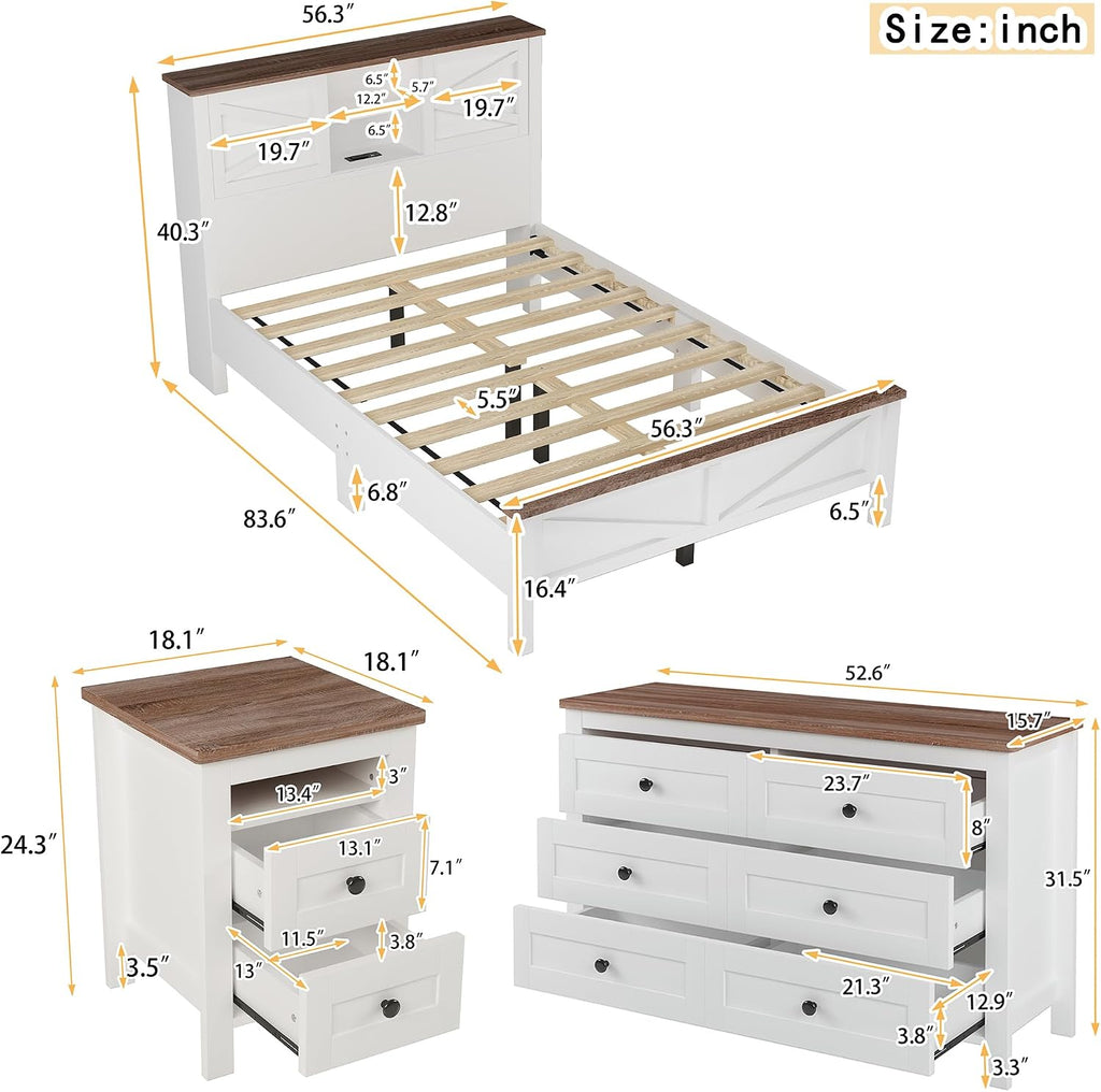 SOFTSEA 3-Piece Farmhouse Bed Frame Set with Charging Station, Full Size Platform Bed with Storage Headboard, Storage Nightstand and Dresser, Wood Bedroom Furniture Set, White+Brown