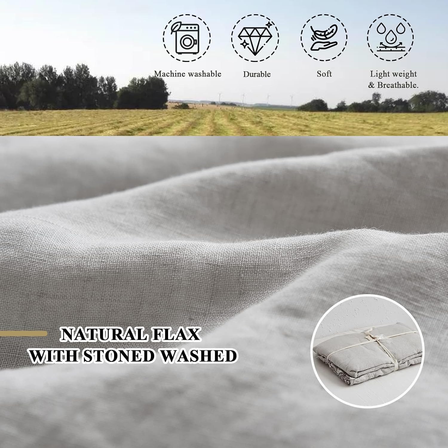 Simple&Opulence 100% Linen Duvet Cover Set, 3 PCS Natural French Flax Light Grey Ruffle Duvet Cover Queen Size, Breathable Comfy Linen Bedding Comforter Cover with 2 Pillowcases(Light Grey, 88' X 92')