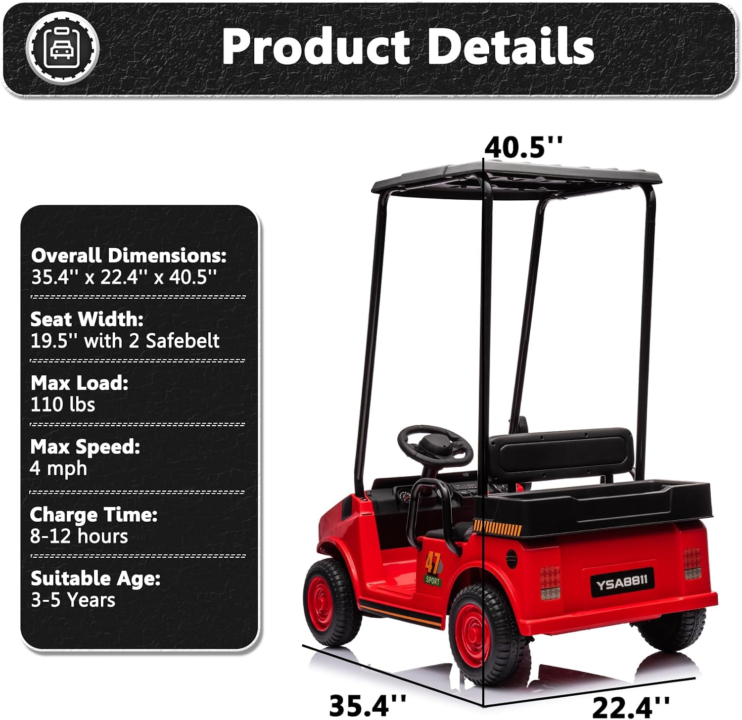 Kids Golf Cart with Remote Control, 2-Seater Ride on Toys for Kids Boys Girls, 12V Battery Powered Electric Vehicle with Plastic Roof, Real Pedal, Music Player (Red)