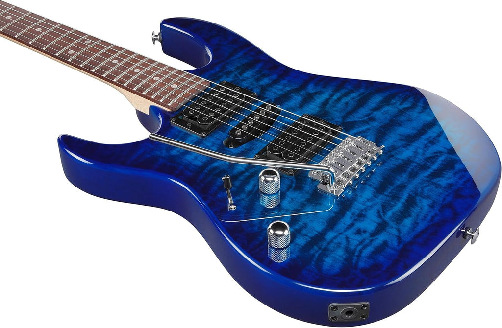 Ibanez GRX70QAL RG Gio Electric Guitar, Left Handed - Transparent Blue Burst Bundle with Amplifier, Gig Bag, Tuner, Cable, Picks, Austin Bazaar Instructional DVD, and Polishing Cloth