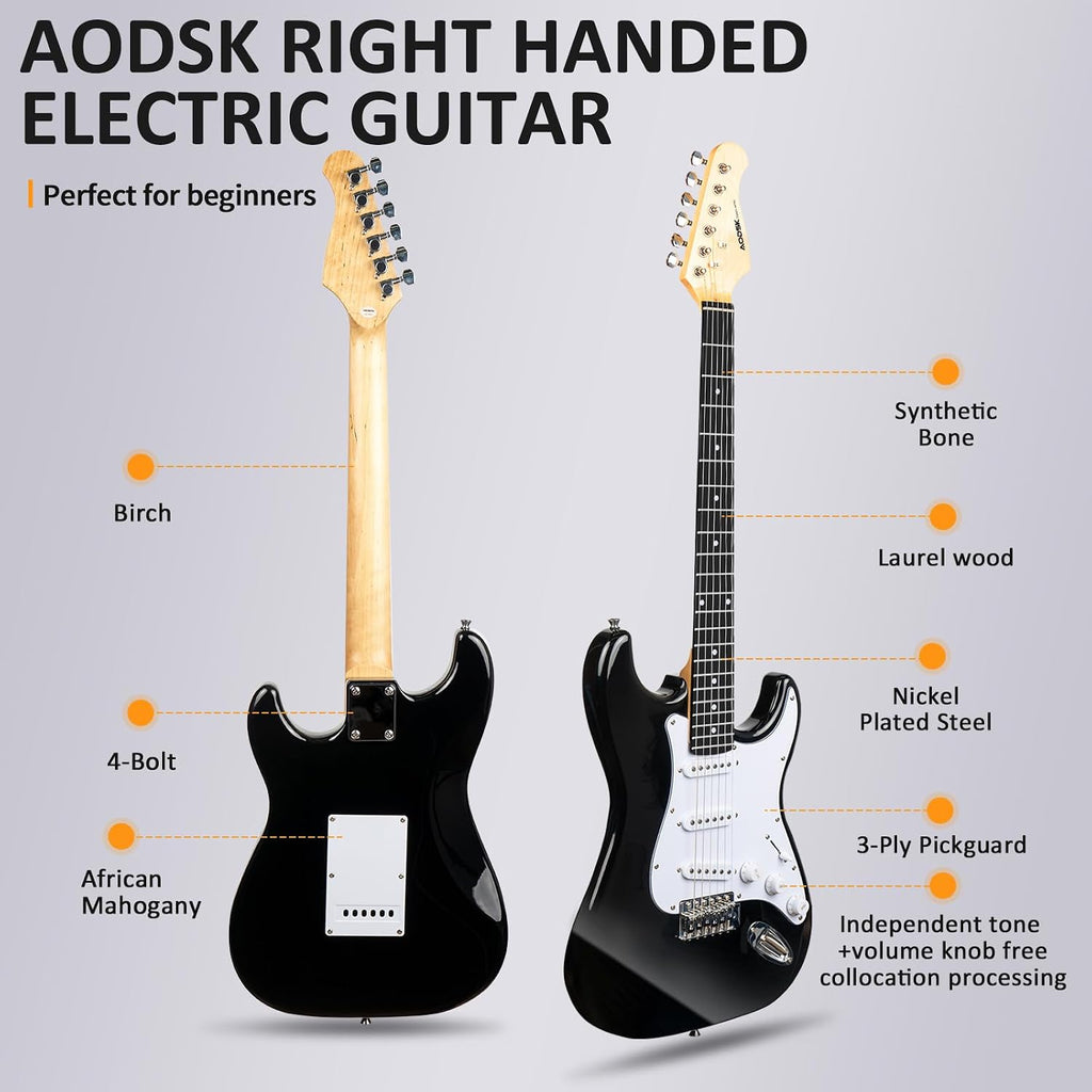 AODSK Electric Guitar with Amp Beginner Kit 39 Inch Solid Body Full Size,All Accessories,Digital Tuner,Six Strings,Four Picks,Tremolo Bar,Strap,Gig Bag,Starter kit (Black-SSS)