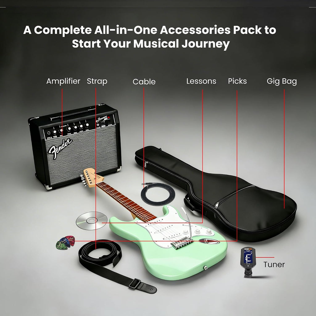 Fender Squier Sonic Stratocaster Pack - Surf Green Bundle with Frontman 10G Amp, Gig Bag, Instrument Cable, Strap, Picks, and 3-Month Fender Play