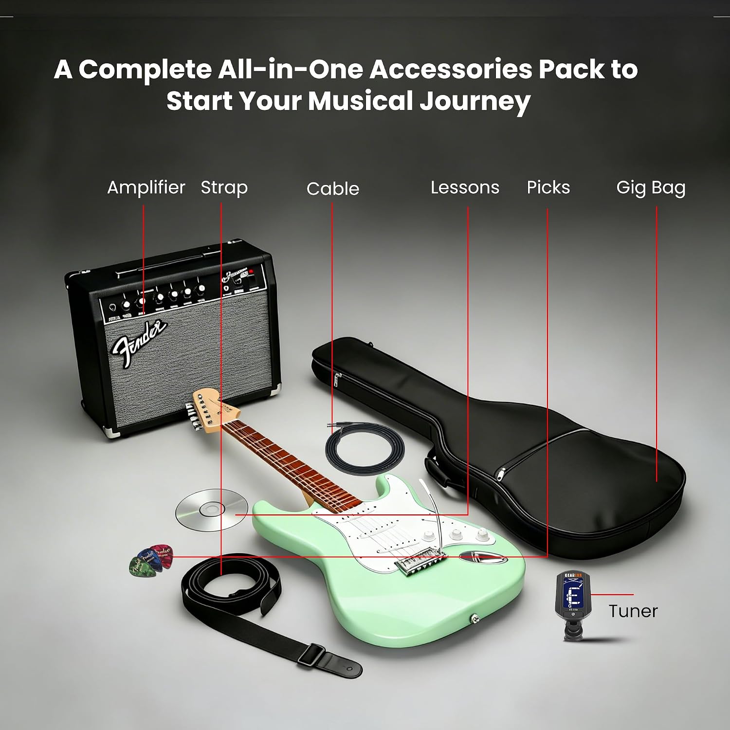 Fender Squier Sonic Stratocaster Pack - Surf Green Bundle with Frontman 10G Amp, Gig Bag, Instrument Cable, Strap, Picks, and 3-Month Fender Play