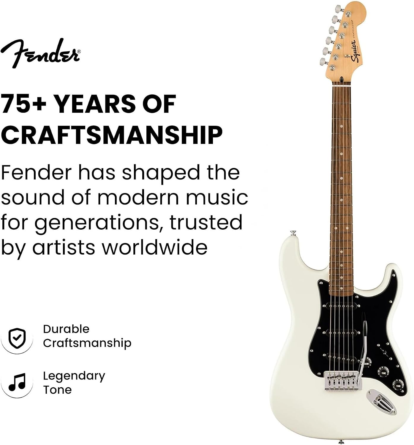 Fender Squier Sonic Stratocaster - Arctic White Bundle with Frontman 10G Amp, Cable, Tuner, Strap, Picks, and Austin Bazaar Guitar DVD