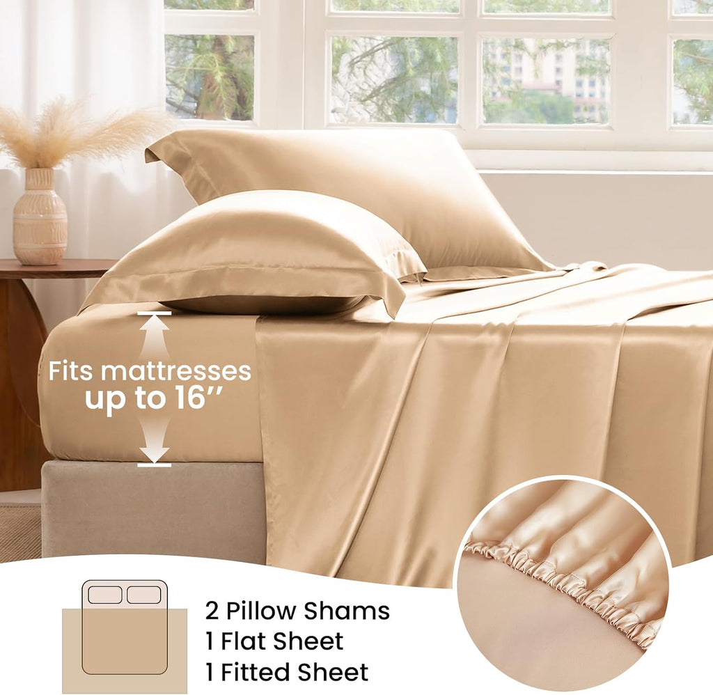 THXSILK Silk Sheet Set 4 Pcs, King Size Sheet Set, 22 Momme 7A+ Silk Sheets, Soft and Breathable Bed Sheets with 1 Flat Sheet, 1 Fitted Sheet, 2 Pillow Shams, Champagne
