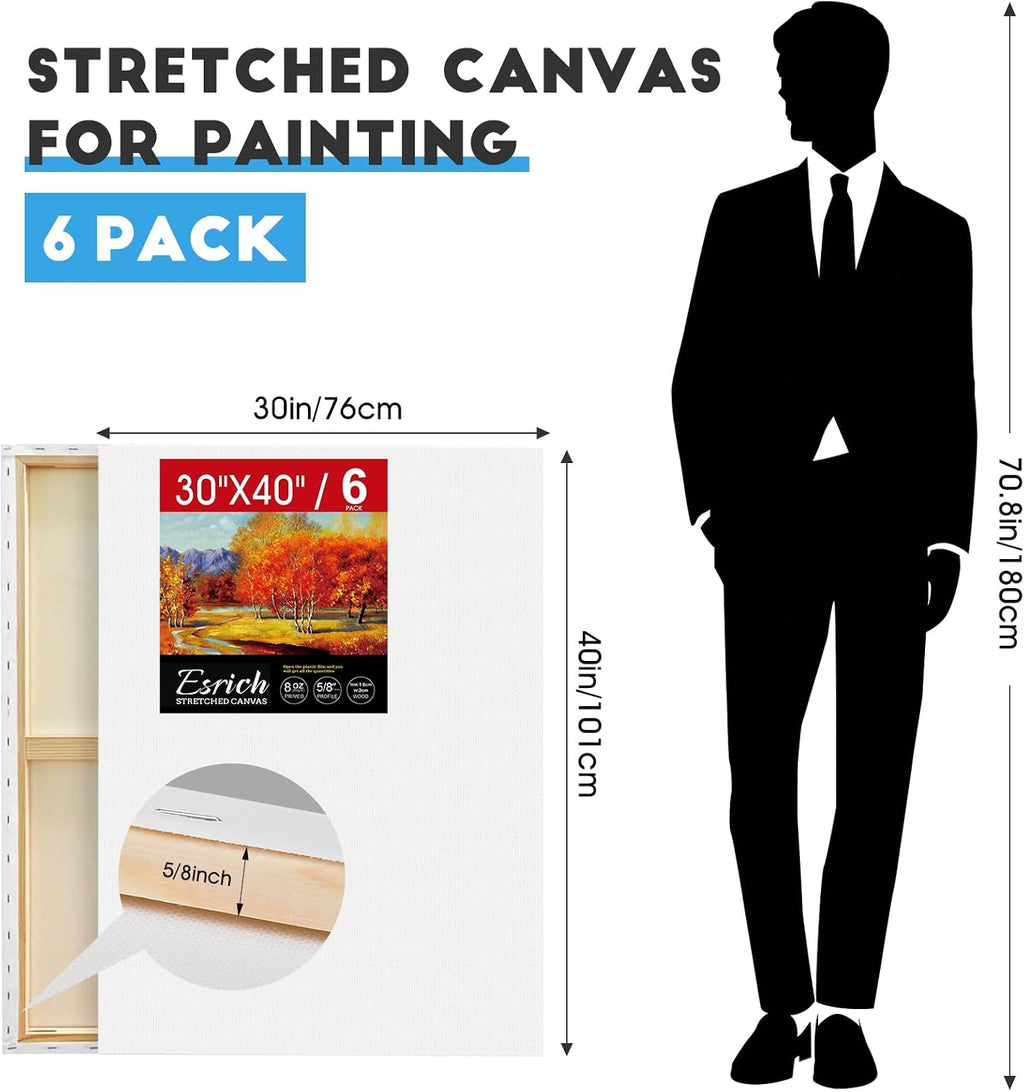 ESRICH Stretched Canvas for Painting 30x40 Inch, 6Pack Large Canvas for Painting, Primed Acid-Free Cotton Blank Canvases, Art Paint Canvases for Oil Paint,Watercolor,Acrylic Paint,Gouache and Tempera.