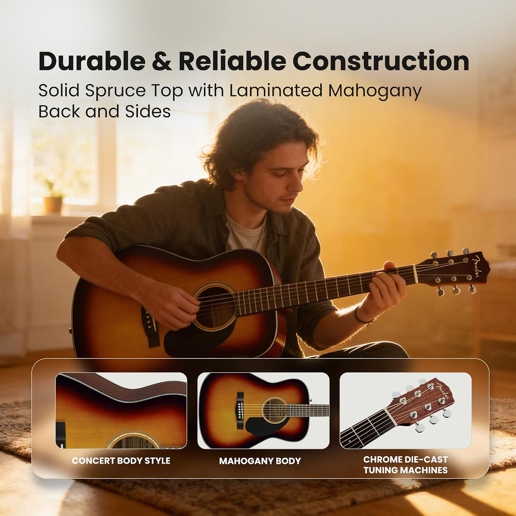 Fender CC-60S Solid Top Concert Acoustic Guitar - 3-Color Sunburst Bundle with Gig Bag, Tuner, Strap, Strings, Picks, and Austin Bazaar Instructional DVD