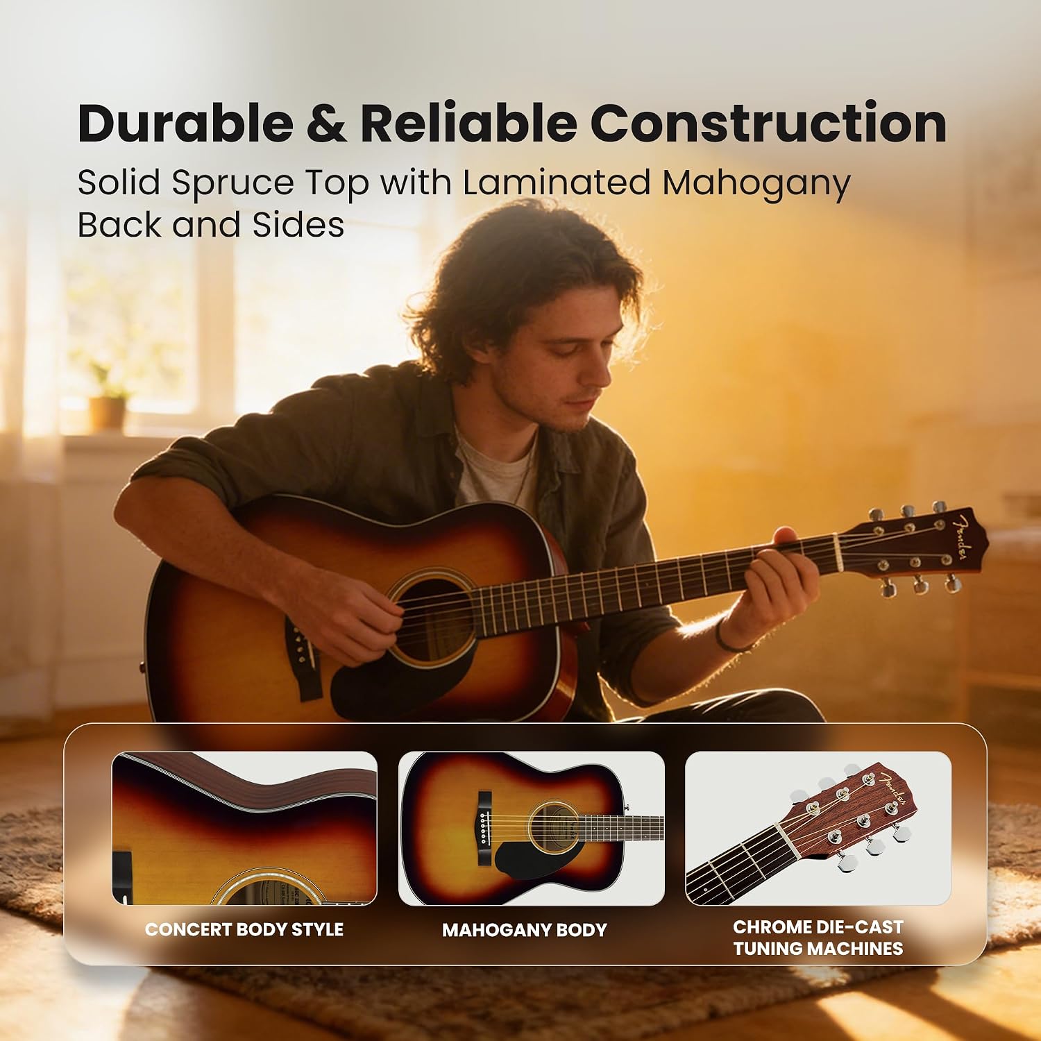 Fender CC-60S Solid Top Concert Acoustic Guitar - 3-Color Sunburst Bundle with Gig Bag, Tuner, Strap, Strings, Picks, and Austin Bazaar Instructional DVD