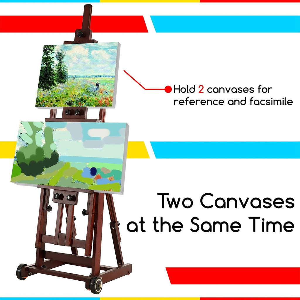 MEEDEN Multi-Function Studio Easel,H-Frame Easel,Painting Easel for Adults,Artist Easel,Floor Easel,Solid Beech Wooden Easels w/Front Wheels,Holds Canvas Art up to 77' - Deep Walnut