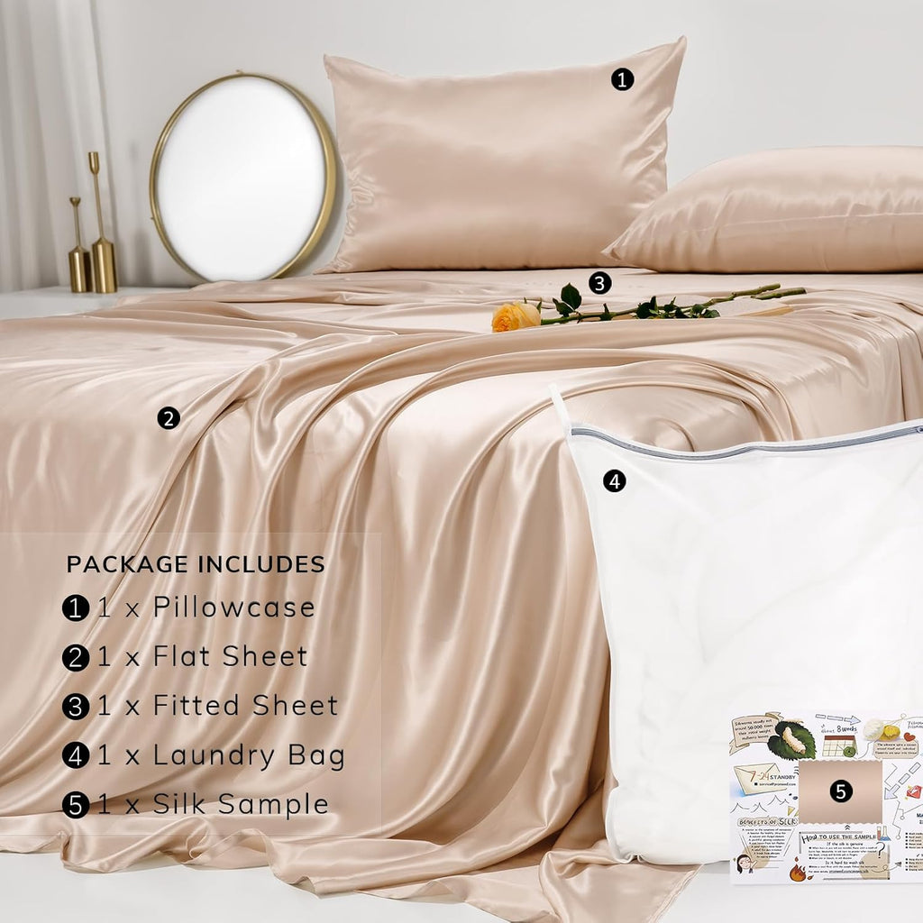 PROMEED 100% Pure Mulberry Silk Sheets Set 3 Piece, 23 Momme Grade 6A+ Natural Silk Bed Sheet Set, Includes Flat Sheet, Fitted Sheet and Pillowcase (Champagne, Twin/Twin-XL)