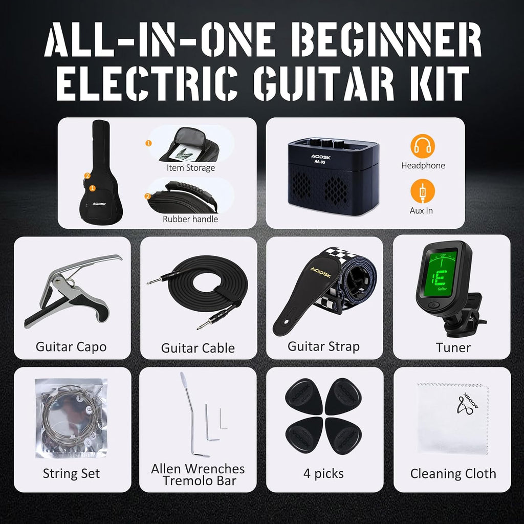 AODSK Electric Guitar with Amp Beginner Kit 39 Inch Solid Body Full Size,All Accessories,Digital Tuner,Six Strings,Four Picks,Tremolo Bar,Strap,Gig Bag,Starter kit (Sunburst-SSS)