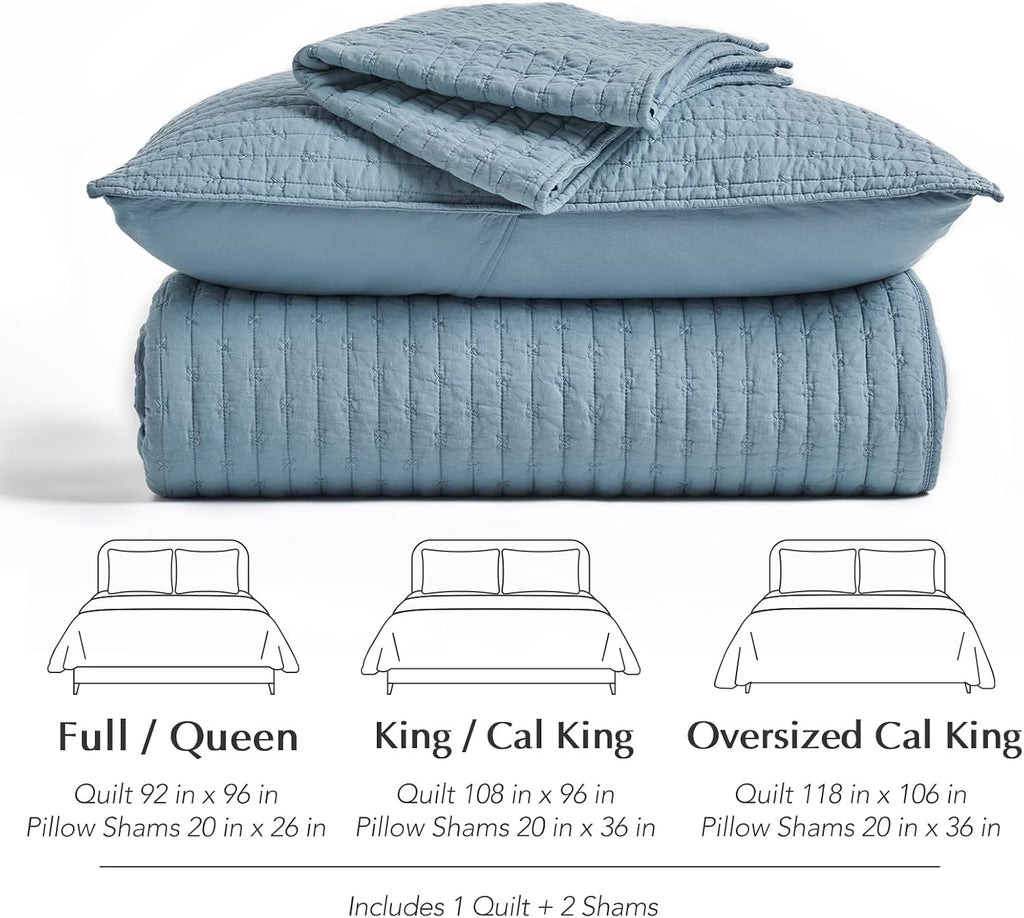 EVERGRACE x Kinsey Walsh Cross Stitch Pre-Washed Cotton Quilt Bedding Set King Size, Oversized 3 Pieces Lightweight Bedspread Coverlet for All Season, with 2 Matching Shams, Dusty Blue, 118'x106' | Cross Stitch