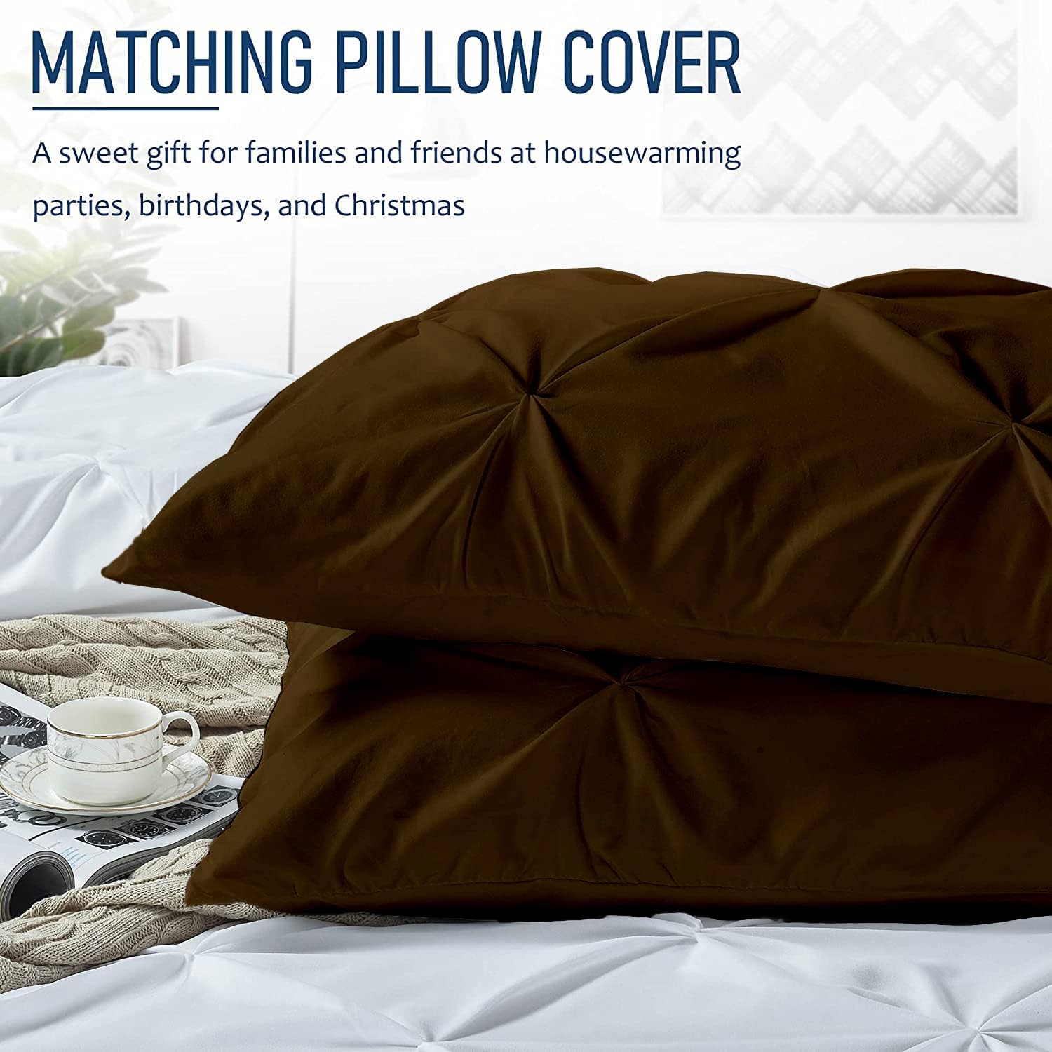 Crown Collection Luxuriate Hotel 1000-TC Hypoallergenic Ultra Soft Design 100% Egyptian Cotton Pinch Plated Duvet Cover with Zipper Colser & 2pcs Pillow Case Set (Oversize 98x120, Brown)