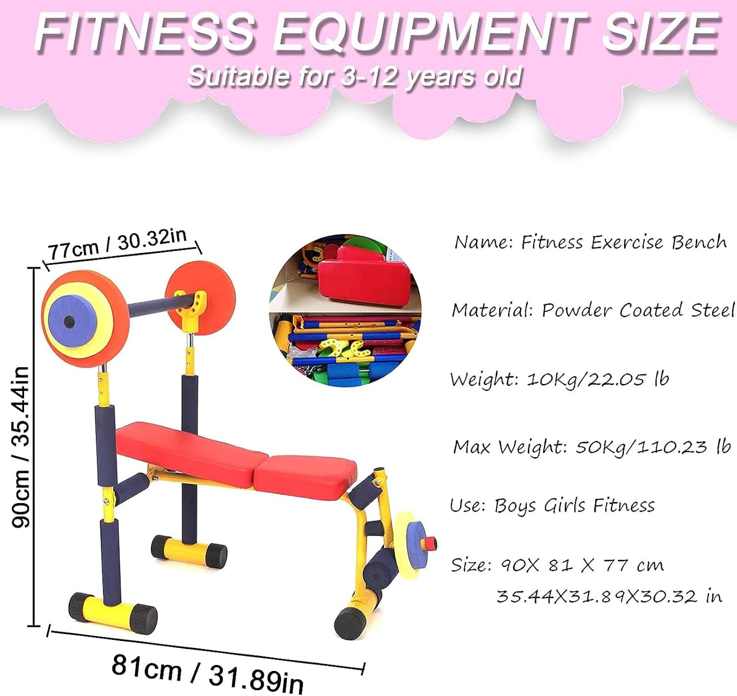 Kids Fitness Exercise Equipment, Adjustable Barbell Toy Set, Bench And Leg Press Weight Bench for Beginner Exercise, Boys and Girls Exercises Ages 3-12 Year Old